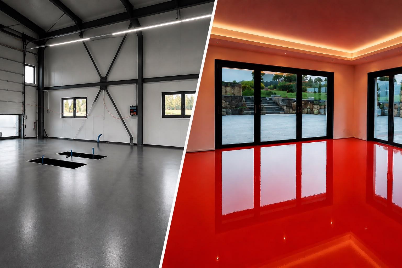 Beschichtete Böden in einem Wohnraum und einer Industriehalle